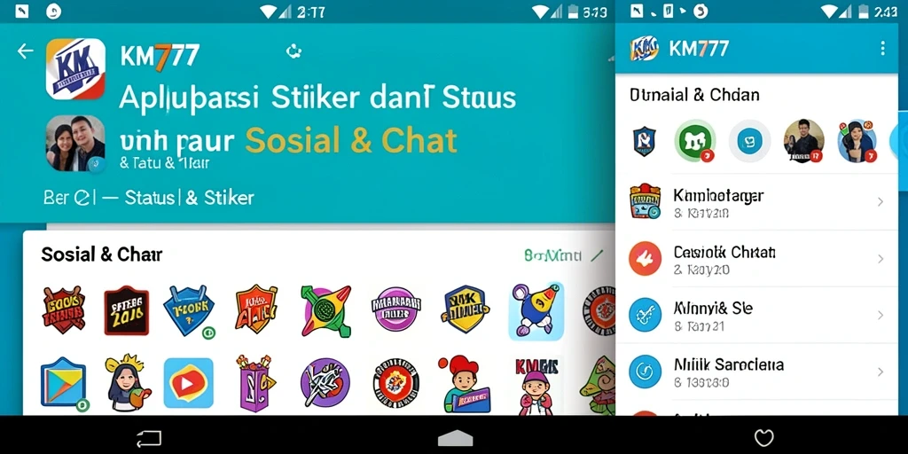 Tampilan antarmuka aplikasi KM777 dengan pilihan stiker menarik.
